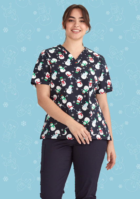 BIZ CARE Womens Christmas V-Neck Short Sleeve Scrub Top CST346LS