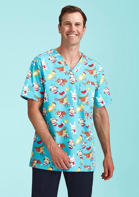 BIZ CARE Mens Christmas Short Sleeve V-neck Scrub CST446MS