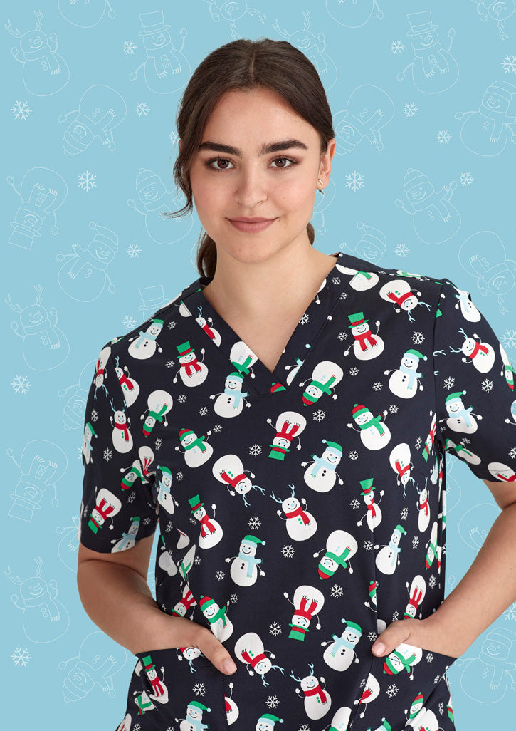 BIZ CARE Womens Christmas V-Neck Short Sleeve Scrub Top CST346LS