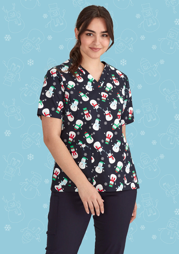 BIZ CARE Womens Christmas V-Neck Short Sleeve Scrub Top CST346LS