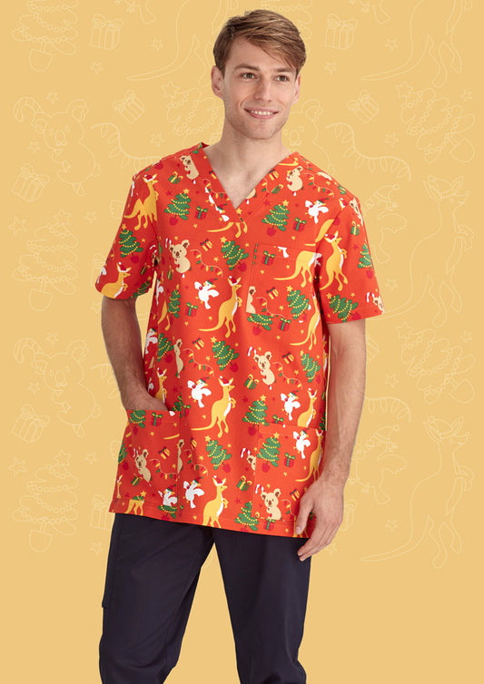 BIZ CARE Mens Christmas V-Neck Short Sleeve Scrub Top CST346MS