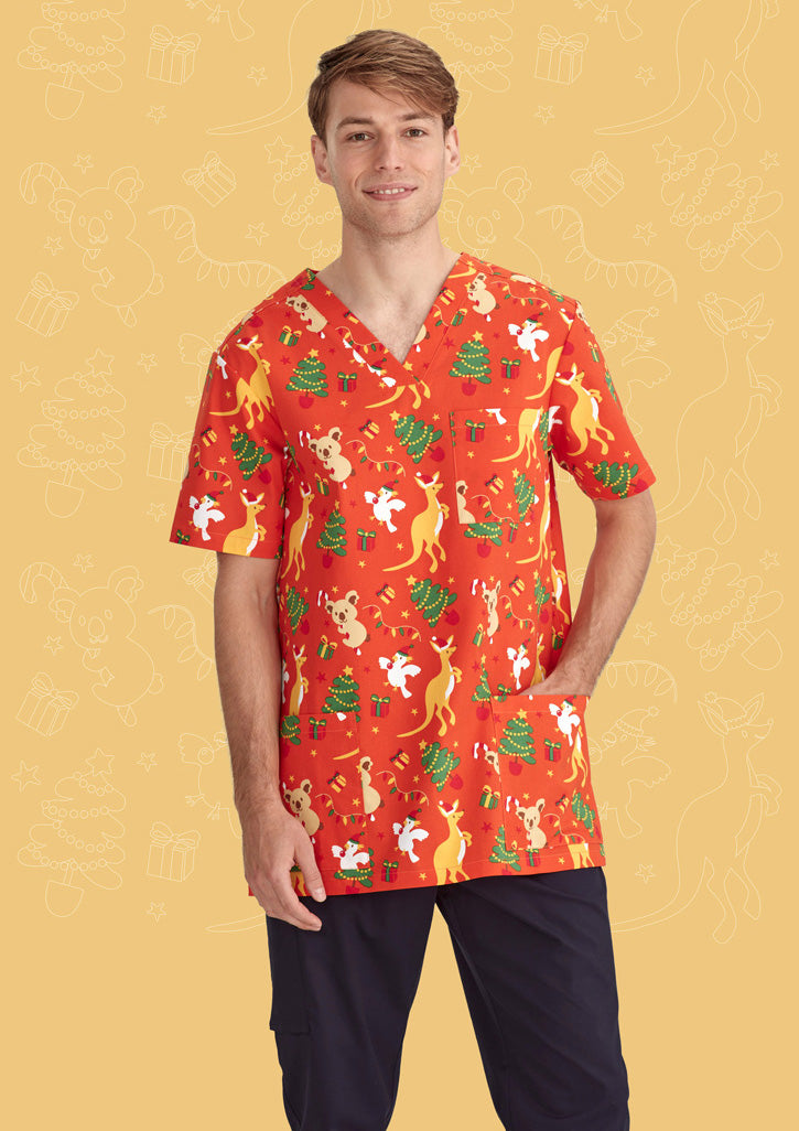 BIZ CARE Mens Christmas V-Neck Short Sleeve Scrub Top CST346MS