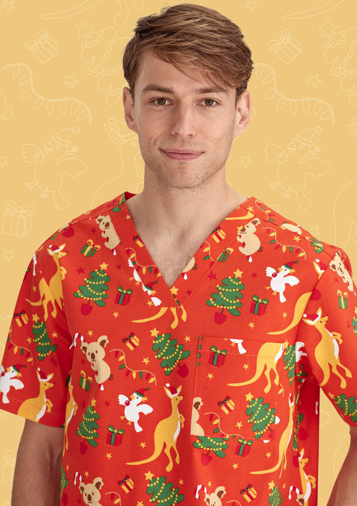 BIZ CARE Mens Christmas V-Neck Short Sleeve Scrub Top CST346MS