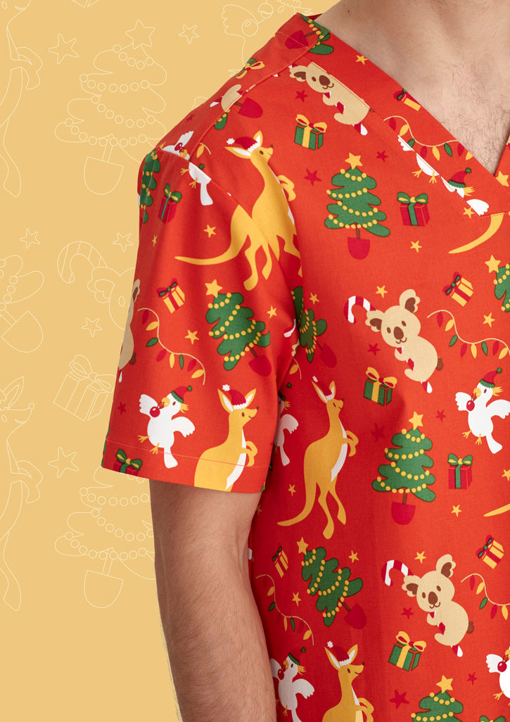 BIZ CARE Mens Christmas V-Neck Short Sleeve Scrub Top CST346MS