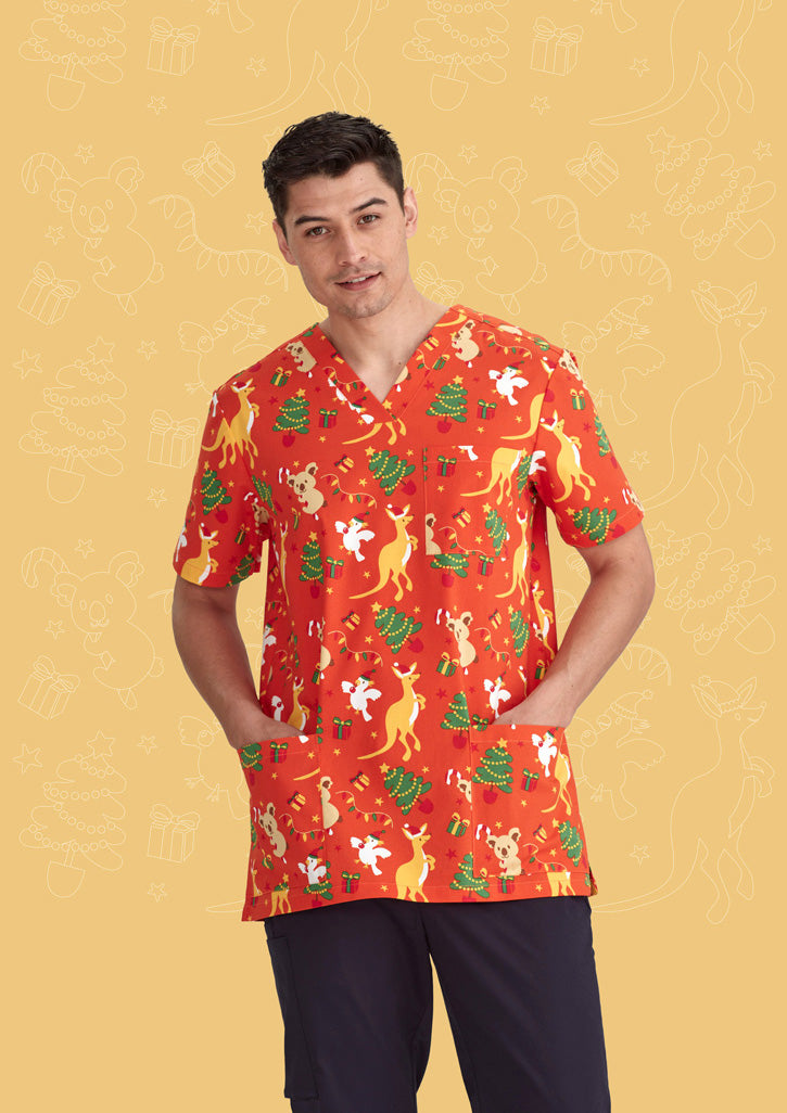 BIZ CARE Mens Christmas V-Neck Short Sleeve Scrub Top CST346MS