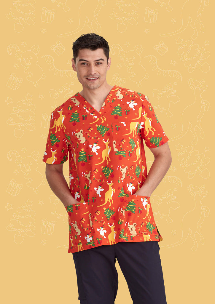BIZ CARE Mens Christmas V-Neck Short Sleeve Scrub Top CST346MS