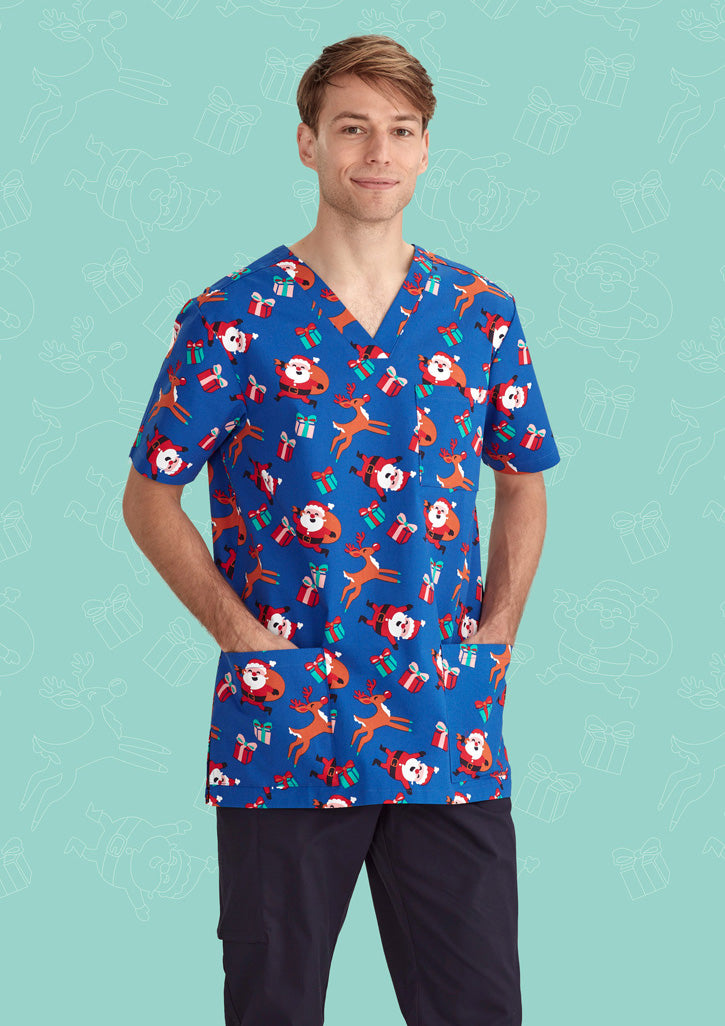 BIZ CARE Mens Christmas V-Neck Short Sleeve Scrub Top CST346MS
