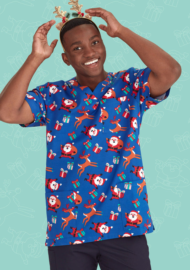 BIZ CARE Mens Christmas V-Neck Short Sleeve Scrub Top CST346MS