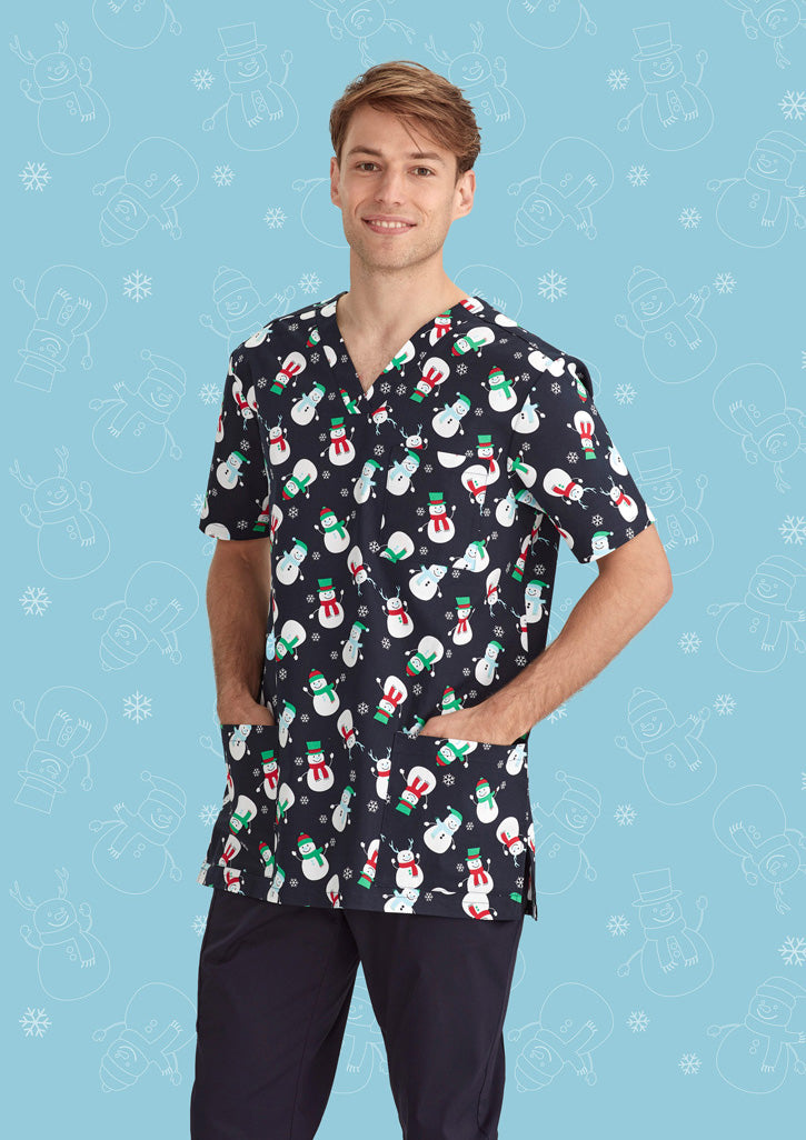 BIZ CARE Mens Christmas V-Neck Short Sleeve Scrub Top CST346MS