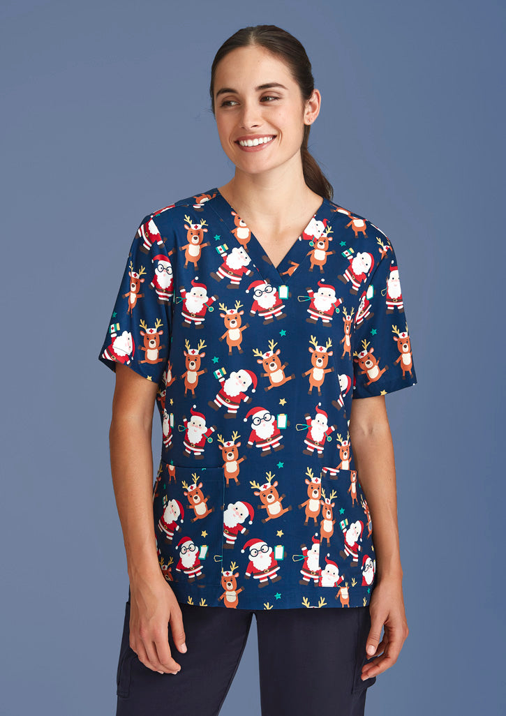 BIZ CARE Womens Christmas Short Sleeve V-neck Scrub (Poly Stretch) CST447LS