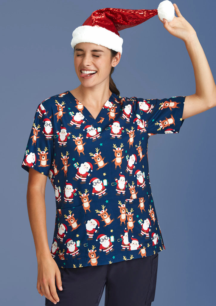 BIZ CARE Womens Christmas Short Sleeve V-neck Scrub (Poly Stretch) CST447LS